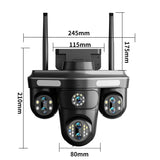 Alt Tag: WiFi Security Camera 7 Lens with 10X zoom night vision, dual antennas, multi-lens outdoor surveillance camera dimensions diagram